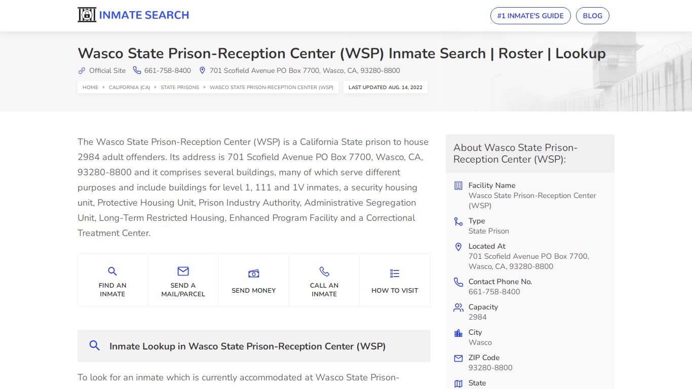 Wasco State Prison-Reception Center (WSP) Inmate Search ...